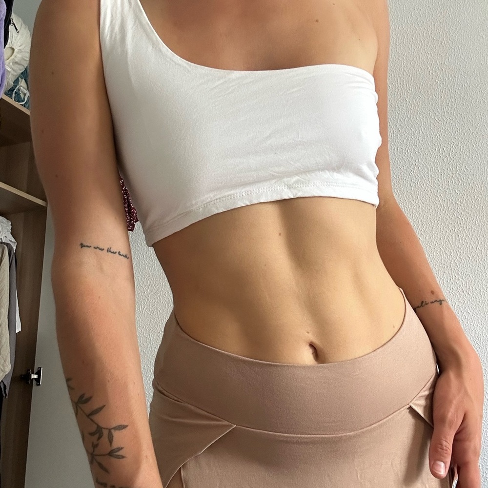 Off shoulder, one strap white crop top